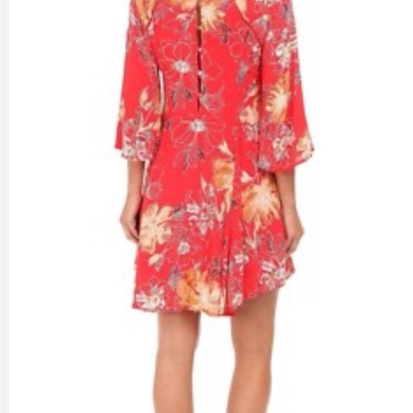 Free People Coral-Red Floral High-Low V-Neck Dress - Picture 4 of 13